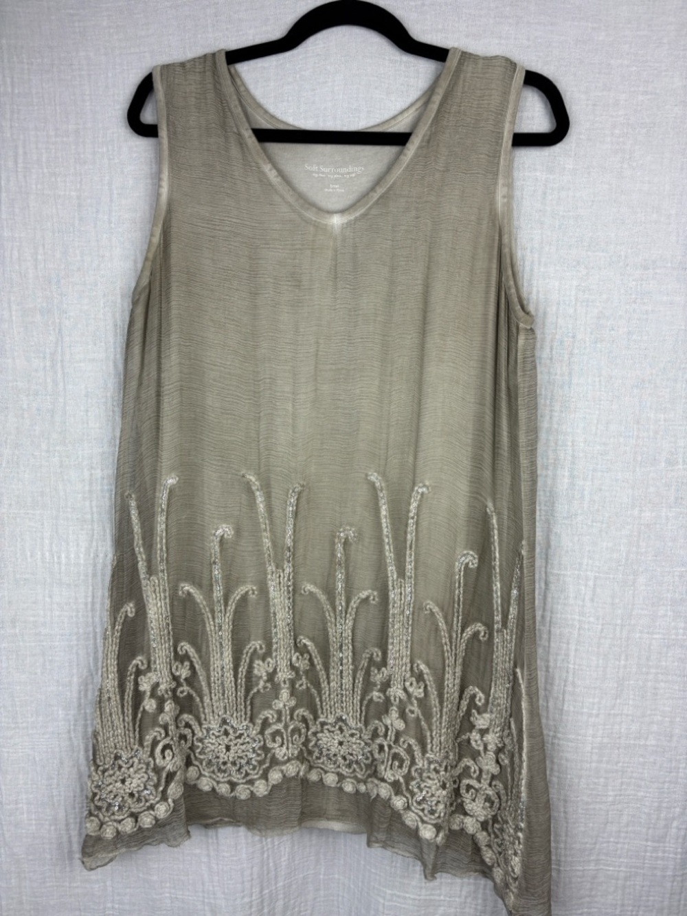 Soft Surroundings Silk V-Neck Tunic Top with Crochet and Sequins